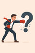 © Hannah - Confident businessman in suit with boxing gloves punching large question mark, breaking through obstacles, solving business problems, determination, challenge, leadership, success concept vector