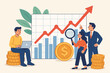 © Hannah - Financial growth, stock market trading, investment analysis, passive income generation. Business people with laptop, magnifying glass, coins, upward graph, bar chart. Wealth management concept