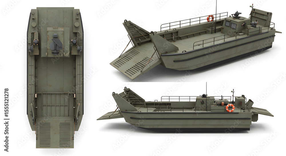 Military Landing Craft: 3D Model, Top, Side Views, Olive Green, Ramp ...