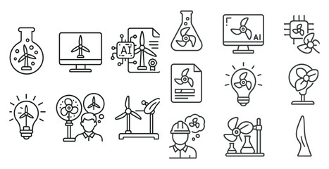 series of icons depicting various aspects of technology and science. the icons include a man with a 