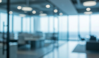 blurred office interior with large windows and furniture modern and bright.