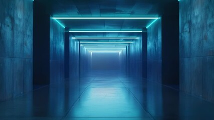 Wall Mural - futuristic corridor with blue neon lights and concrete walls, perspective view