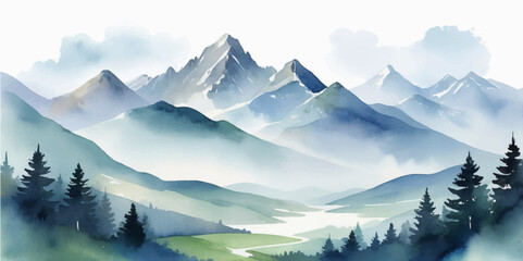 Morning light bathes a snow-capped alpine mountain range, its peaks touching the cloudy sky above a serene valley forest