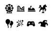 © Gandalf - Amusement park icon set: ferris wheel, roller coaster, bumper car, carousel, balloons, celebration, game controller, jester hat