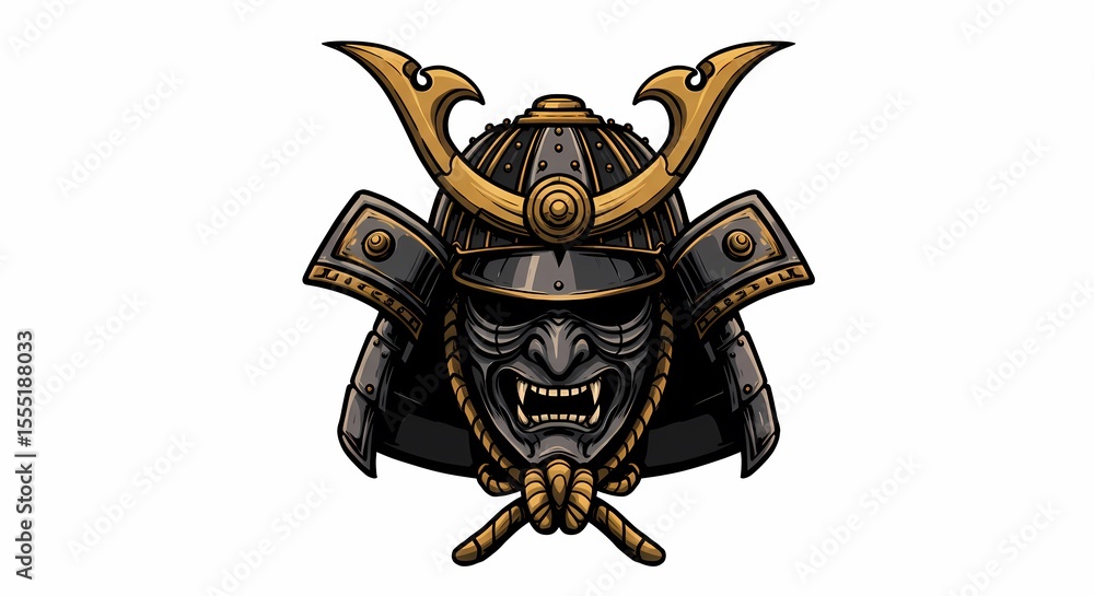 Traditional Samurai Helmet with Fierce Mask in Golden Black Colors