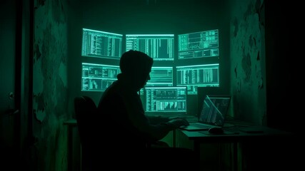 Man hacker coding in dark room. Cybersecurity system break, criminal data theft. Anonymous programmer hacking network security concept. Footage.