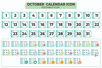 October Calendar Icon Set with Editable Elements for Schedule and Planning