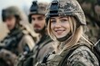 © Serhii - Smiling Young Female Soldier in Uniform Alongside Team on a Mission