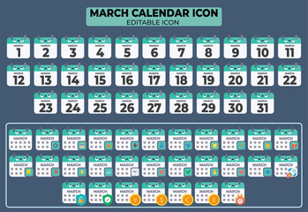 Complete Set of Editable March Calendar Icons with Days Marked and Additional Symbols