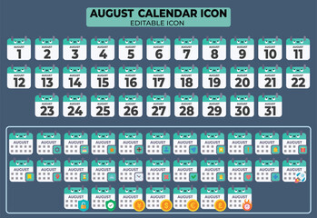 August Calendar Icon Set with Editable Features for Design and Planning Purposes