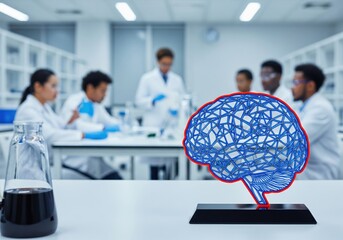 Wall Mural - brain science and ai breakthrough. digital cranium replica on lab desk signifies cognitive innovatio