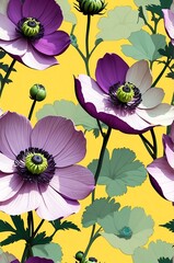Wall Mural - Japanese Anemones on yellow background cartoonish seamless pattern