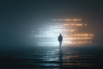 Man walking towards data stream in futuristic foggy environment