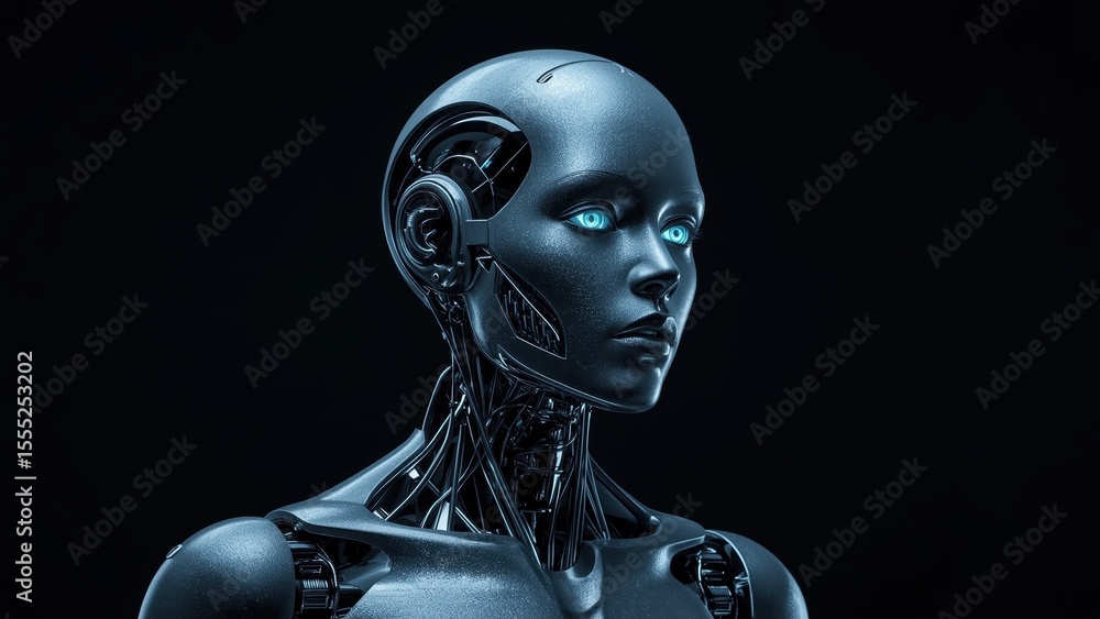 Futuristic humanoid robot portrait with glowing eyes in dark background ...