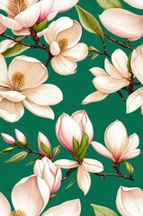 Wall Mural - Magnolias on green background cartoonish seamless pattern