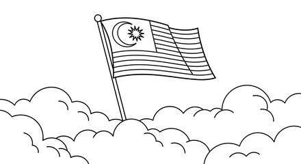 Malaysia flag waving in the sky above clouds line art isolated on transparent background