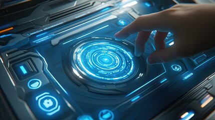 Close-up of a futuristic control panel with a hand interacting with a circular interface.