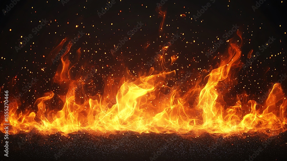 Intense flames with sparkling embers on dark background fiery texture ...