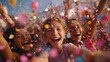 © SaroStock - Joyful children celebrate with colorful confetti falling against a bright blue sky during a fun outdoor party, feeling elated and excited