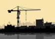 © Elena - Construction crane silhouette over urban skyline illustration for building and architecture design concept