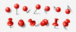 © Rudzhan - 3D red pin set. Plastic round thumbtack in different angles. Sharp rivets for fixing notes on planks. Office stationary. Realistic vector illustration collection isolated on transparent background