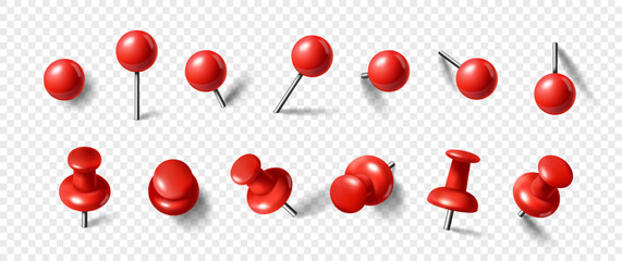 3d red pin set. plastic round thumbtack in different angles. sharp rivets for fixing notes on planks