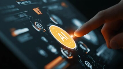 Finger touches AI button on futuristic interface