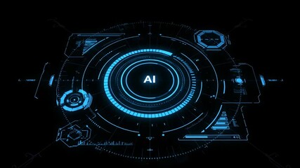 Wall Mural - blue ai hud interface with futuristic digital data and dynamic circular elements on black background