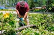 © ungvar - Person trims large branches in suburban area on clear day, clearing debris from yard.