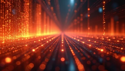 Abstract digital data visualization. Glowing orange and red lines on dark background. Network of connections, tech concept. Illustration represents modern technology, innovation, cyberspace, future.