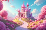 Whimsical illustration of fantasy sweet castle in pink landscape with flowering trees and a pathway. Dreamlike scene with bright colours, ideal for children, fairy tales or holiday designs.