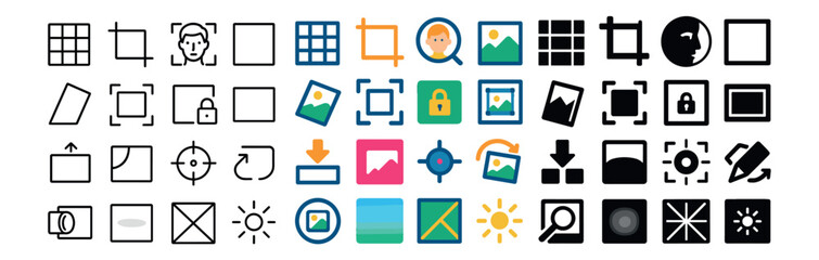 Photo editing and cropping icons set – flat, design and resize tool symbols