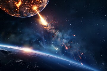 Wall Mural - Fiery meteor entering Earth's atmosphere, glowing trail, space view, realistic detail, planet edge in background.