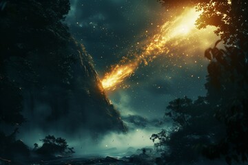 Wall Mural - Giant glowing meteor landing in enchanted forest at night, surreal lighting, mist and magical atmosphere.