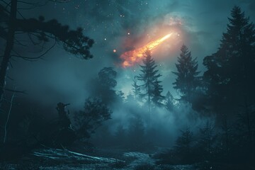Wall Mural - Giant glowing meteor landing in enchanted forest at night, surreal lighting, mist and magical atmosphere.
