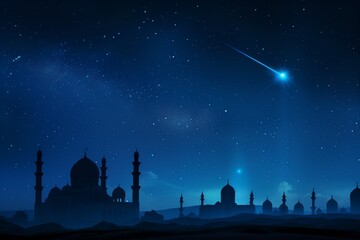Wall Mural - Glowing meteor streaking across night sky above quiet desert with islamic architecture silhouette, peaceful celestial scene.