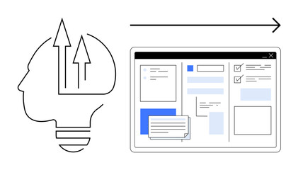 Outline of head with upward arrows beside a digital dashboard interface. Ideal for idea development, innovation, productivity, creativity, workflow, strategy, tech. A simple flat metaphor