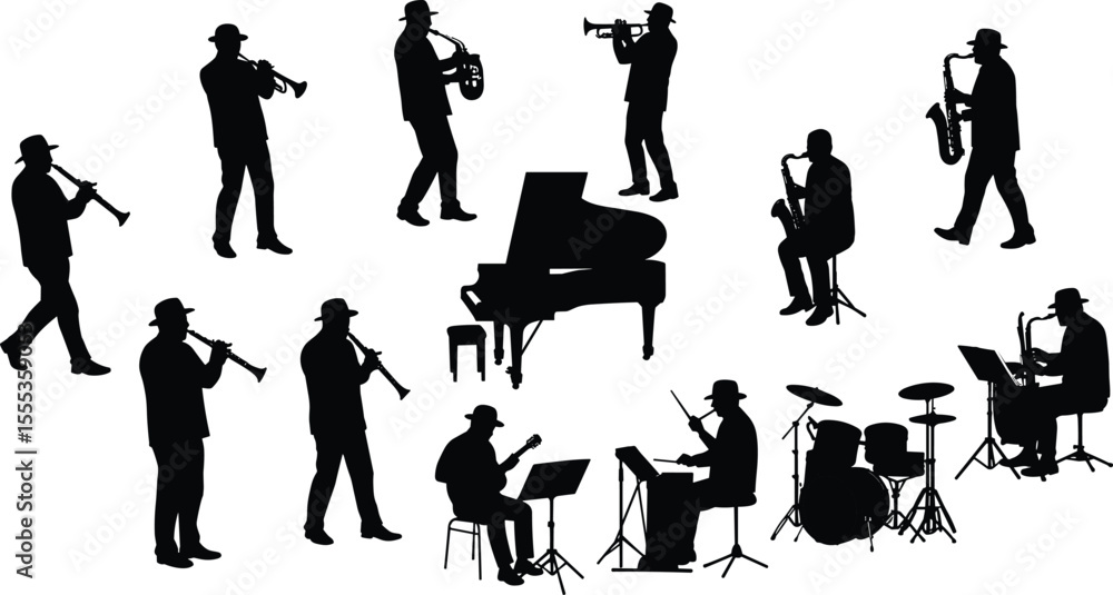 Jazz band silhouette vector, musicians playing instruments, trumpet ...