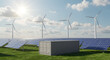 © sultan - Sustainable future: Solar panels, wind turbines, and energy storage container