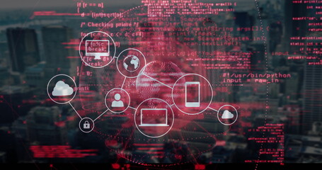 Canvas Print - image of digital network icons with red coding over cityscape data processing