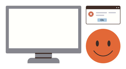 Computer monitor showing error pop-up window alongside a smiling face. Ideal for troubleshooting, technology challenges, error handling, optimism, user experience, tech support, simple flat metaphor