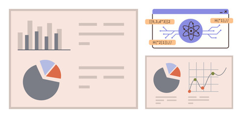 Bar chart, pie chart, line graph with icons for analytics and calculations. Ideal for data science, research, education, business, planning, reports presentations simple flat metaphor