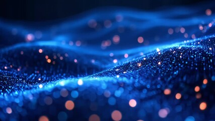 abstract blue orange particle wave technology background with glowing bokeh dots