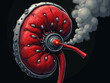 © Mari - kidney in shape of metal engines, with dial on it with red light saying check with smoke coming out of kidney engine, malfuntion