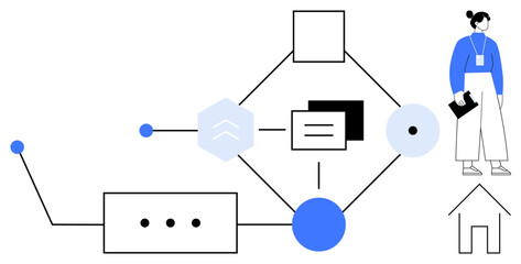 Abstract flowchart with geometric shapes, lines, and connections, paired with a minimalist human figure and a house icon. Ideal for teamwork, strategy, process design, analysis, organization