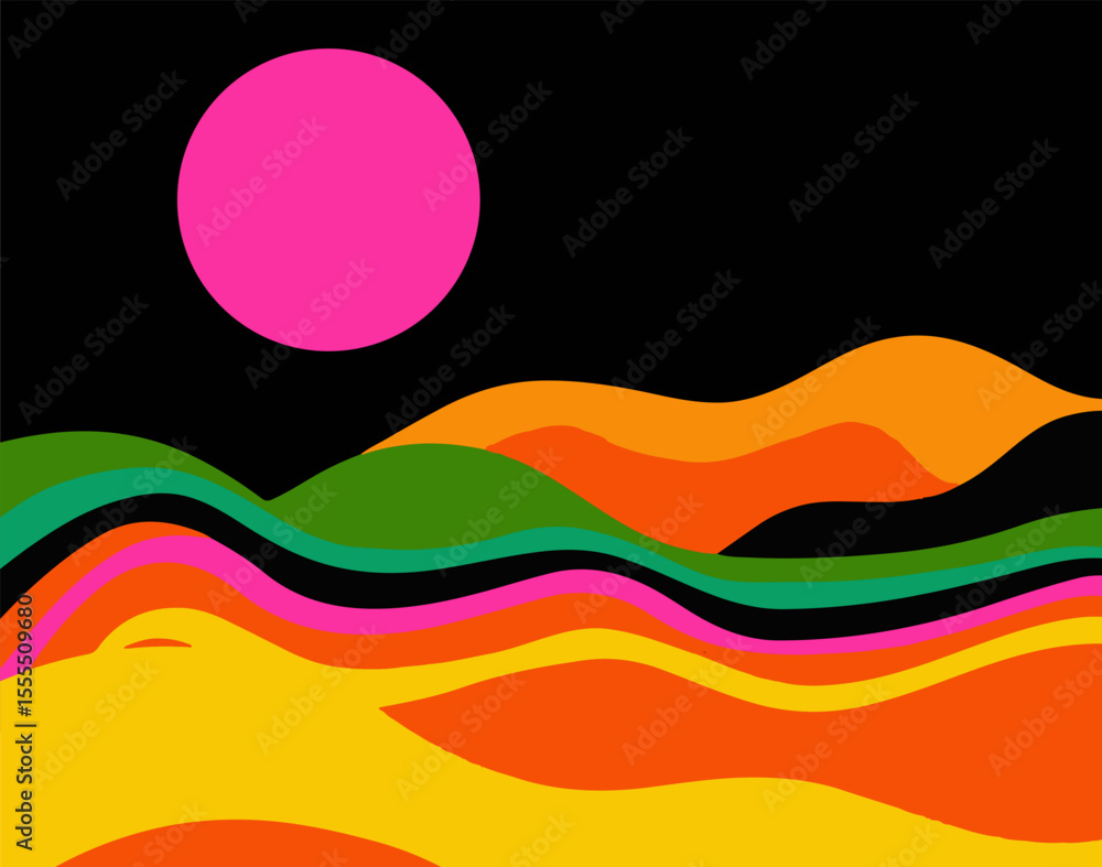 Vector illustration shows a vibrant abstract landscape with wavy hills ...