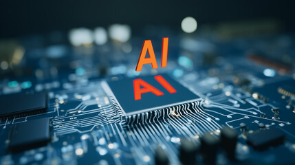 Wall Mural - ai core processor: a dynamic, eye-level shot spotlights a gleaming ai label, boldly imprinted on a c