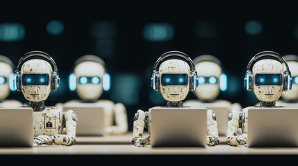 Wall Mural - robots at work: a team of advanced robots, equipped with headsets, diligently work on laptops in a f