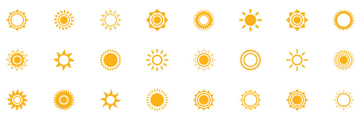 Yellow sun icon set with wavy rays isolated on white background. Simple summer weather symbol design. Yellow simple sun, hot summer weather symbol, heatstroke caused by sunlight