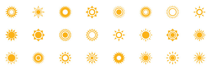 Yellow sun icon set with wavy rays isolated on white background. Simple summer weather symbol design. Yellow simple sun, hot summer weather symbol, heatstroke caused by sunlight